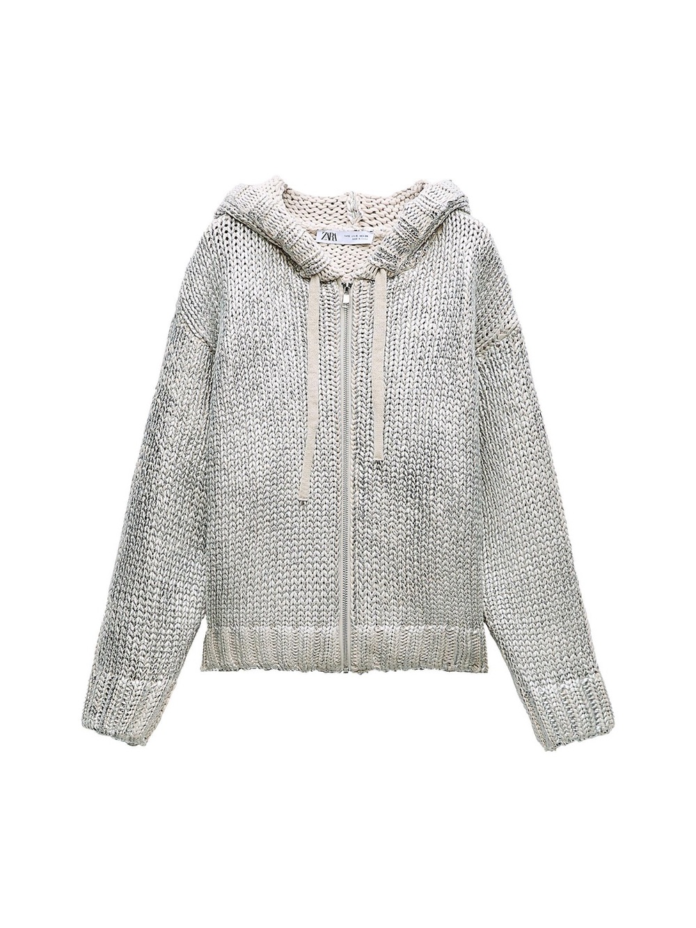 Zara Women's Cream Silver/Knitted Zip Hoodie Sweater